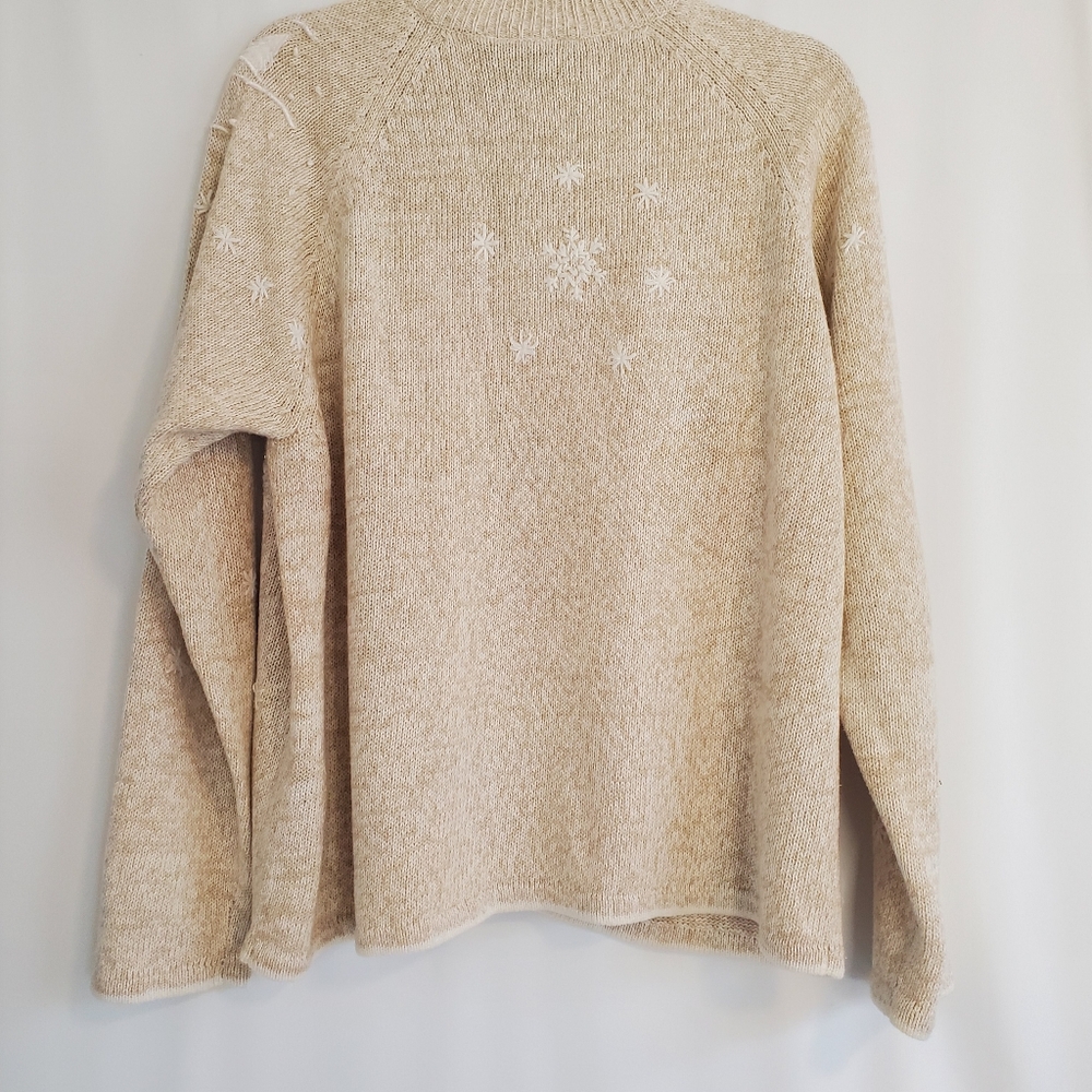 ERIKA Women's Size L Tan embroidered zipper front Winter Wonderland sweater - Picture 8 of 8